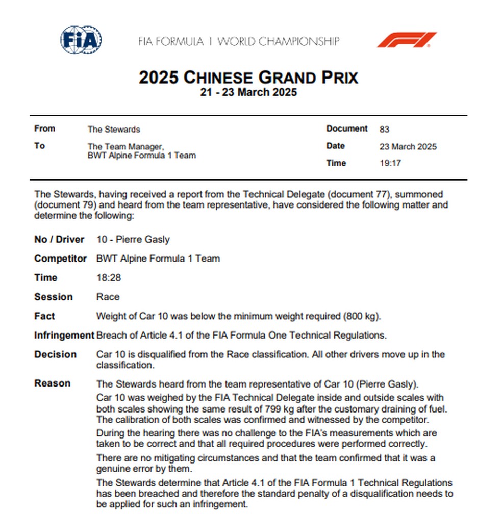 Documento da FIA detalha desclassificação de Pierre Gasly do GP da China — Foto: FIA