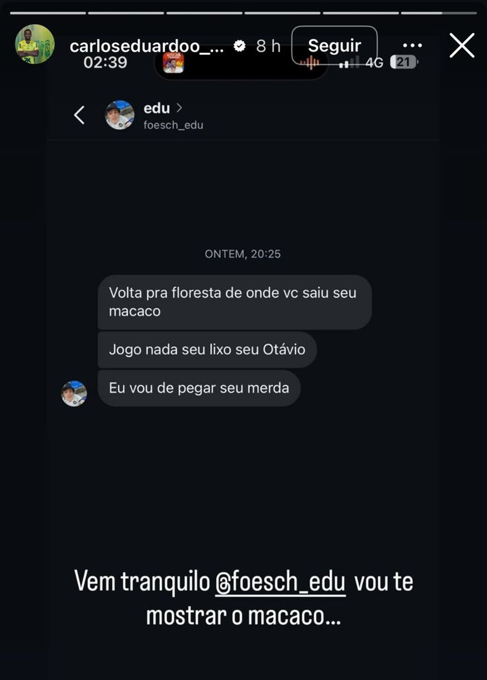 Carlos Eduardo, do Mirassol, é vítima de racismo — Foto: Reprodução/Instagram