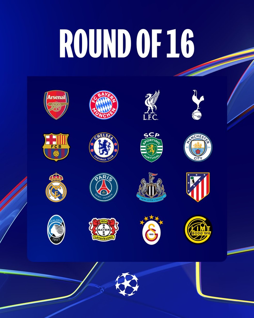 Times classificados para as oitavas de final da Champions League 2025/26 — Foto: Divulgação/Uefa