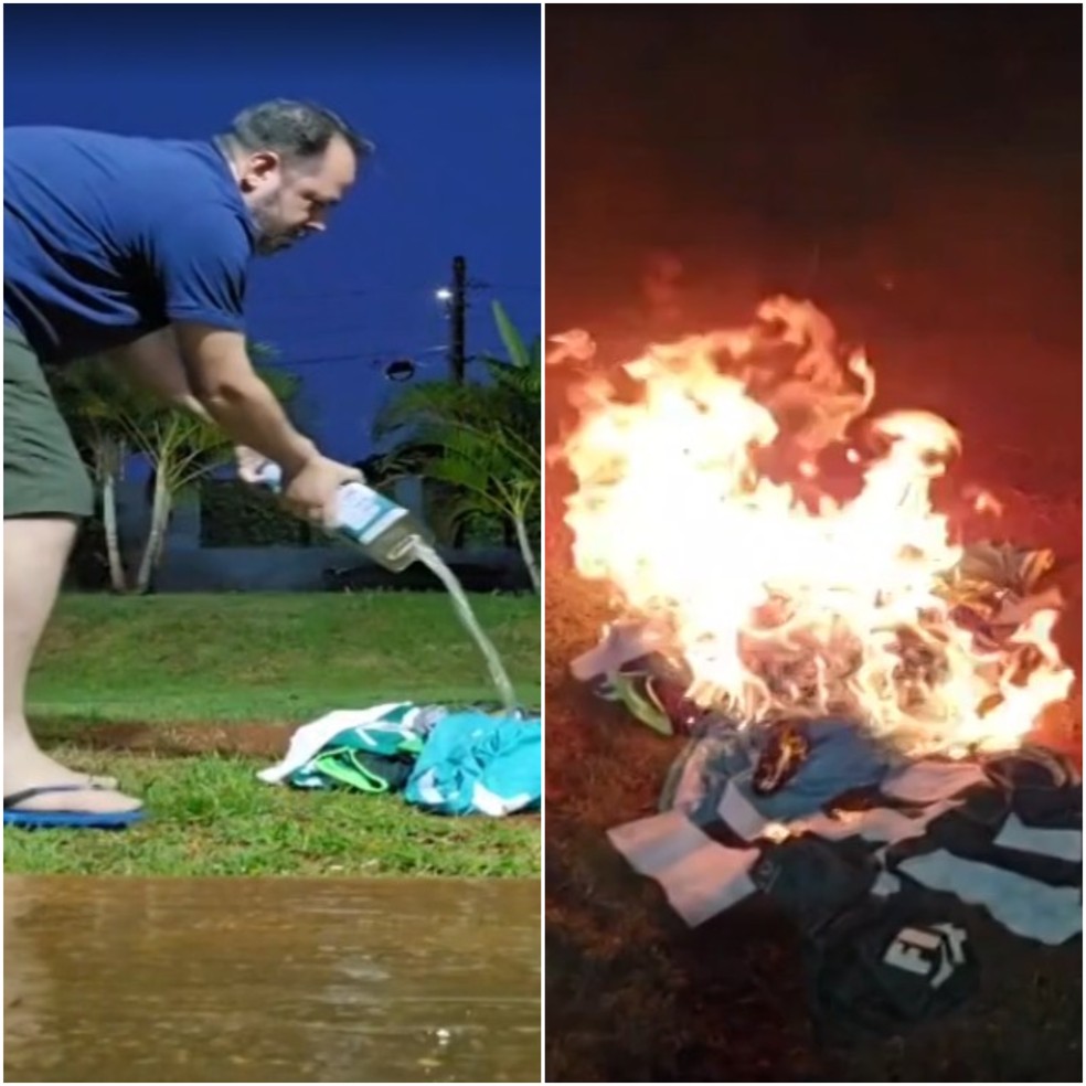 Torcedor queima coleção de camisas do time após perda do acesso — Foto: Arte Esporte