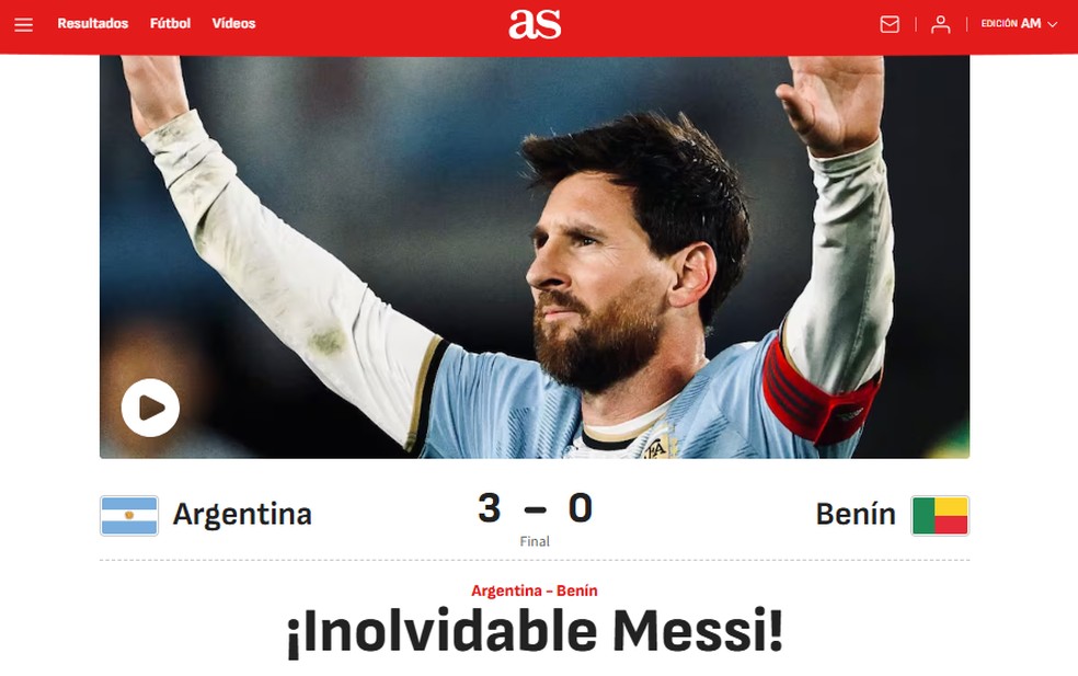 "Inesquec�vel Messi": jornal AS destaca adeus de Messi � Argentina - Foto: Reprodu��o
