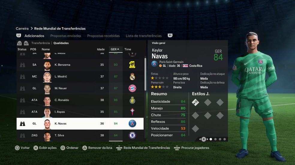 Navas no modo carreira do FC 24 — Foto: Reprodução/EA Sports