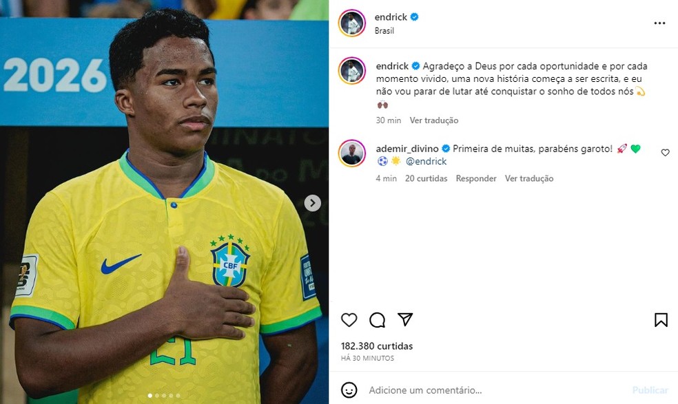 Endrick posta após a convocação pela seleção brasileira — Foto: Reprodução/Instagram