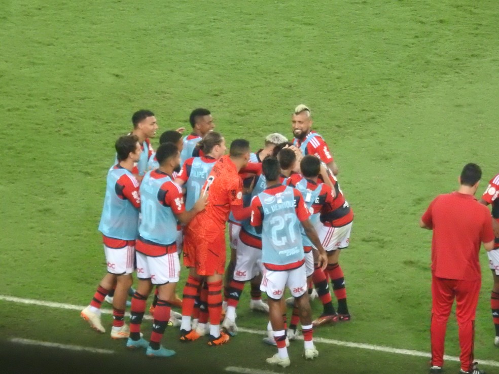 Banco do Flamengo comemora gol de Pulgar contra o Vasco &mdash; Foto: Fred Gomes / ge