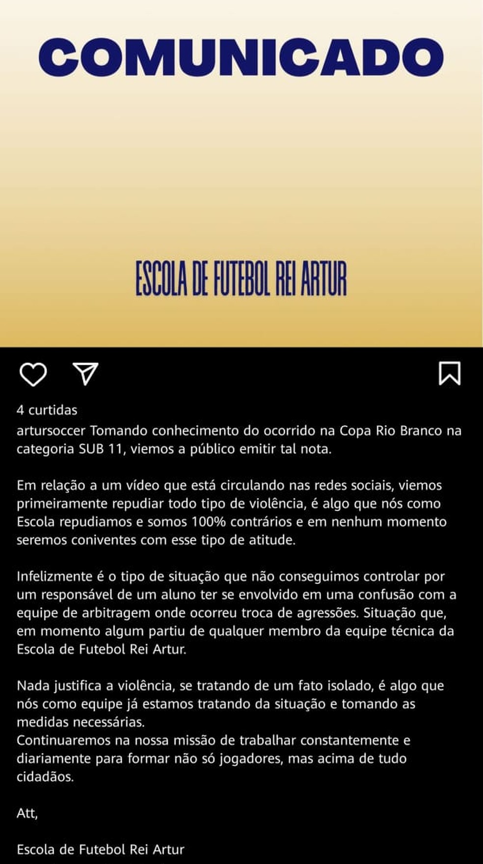 Comunicado Escola de Futebol Rei Artur — Foto: Reprodução/Instagram