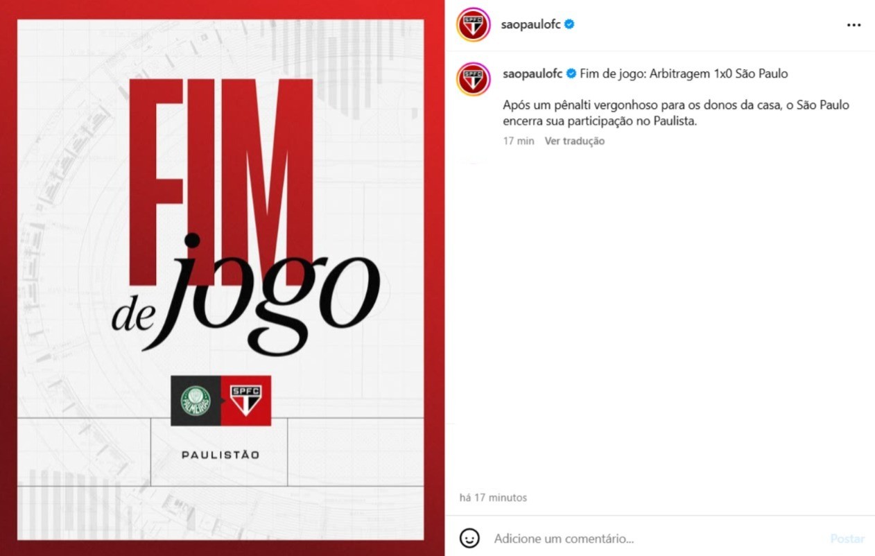 São Paulo critica arbitragem após polêmica de pênalti contra o Palmeiras