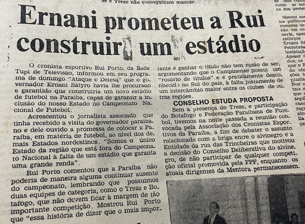 Ernani Sátiro pela primeira vez diz publicamente que iria construir o estádio — Foto: Reprodução/Correio da Paraíba