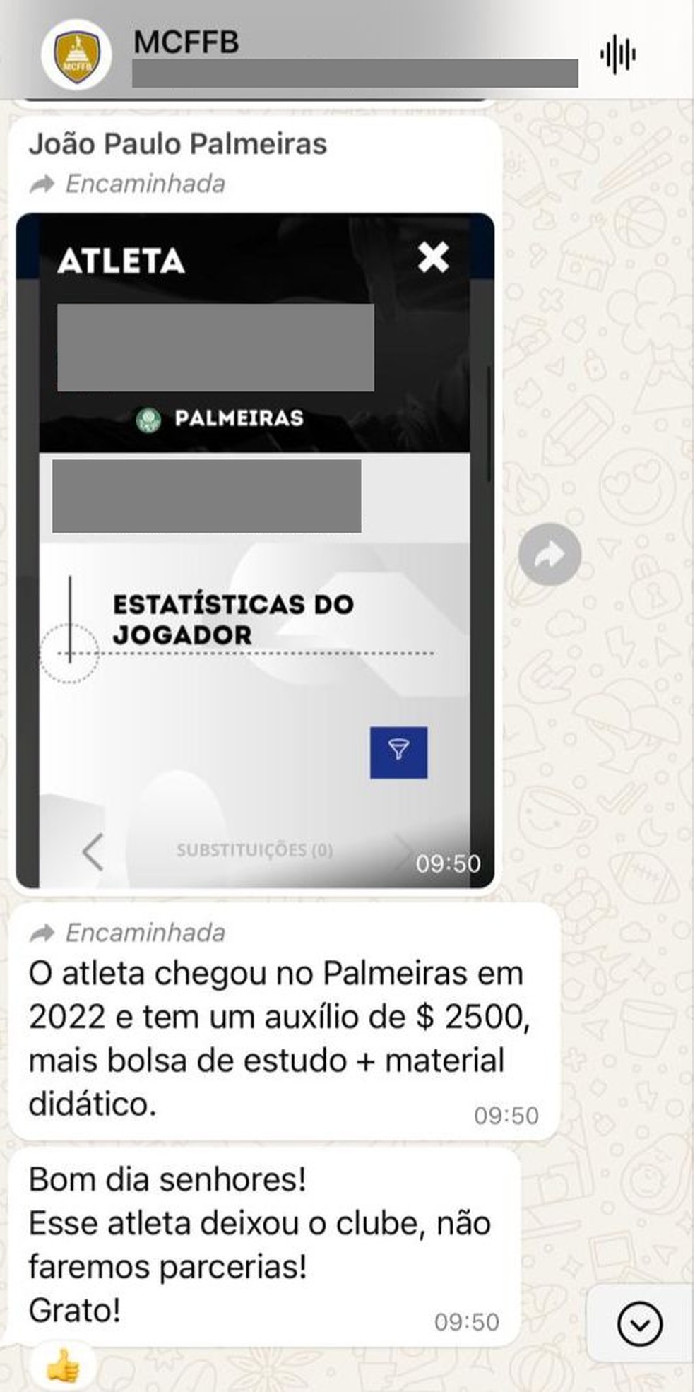 Informe sobre a saída do atleta do Palmeiras no grupo do Movimento de Clubes Formadores — Foto: Reprodução