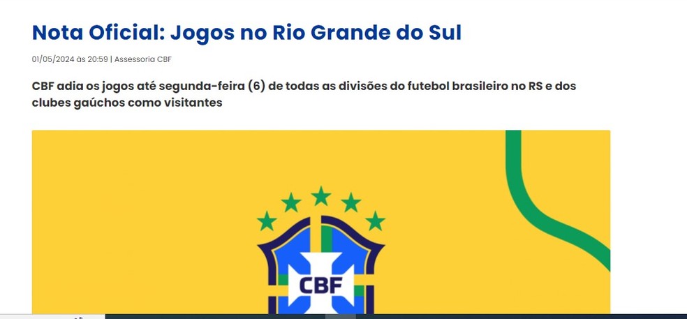 Nota da CBF sobre adiamento de jogos no RS — Foto: Reprodução