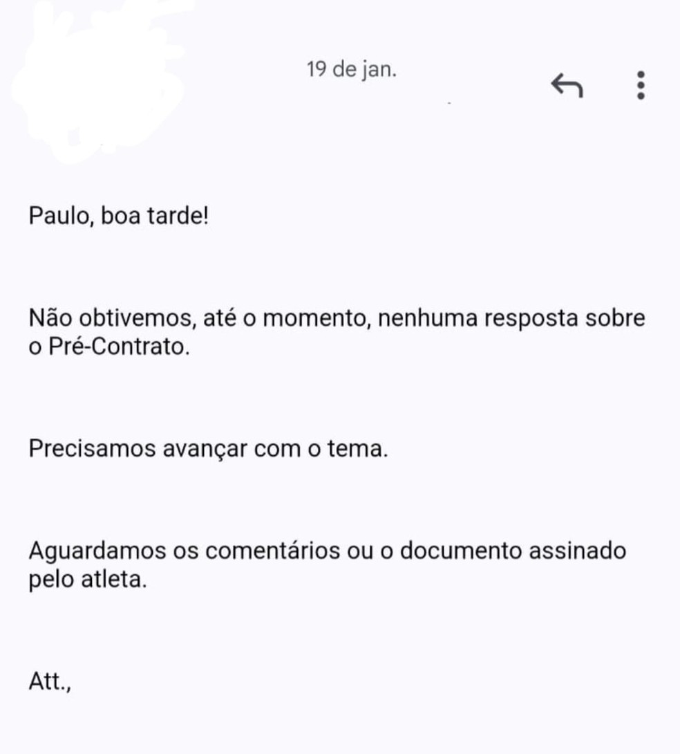 E-mail enviado pelo Corinthians ao empresário Paulo Pitombeira — Foto: Divulgação