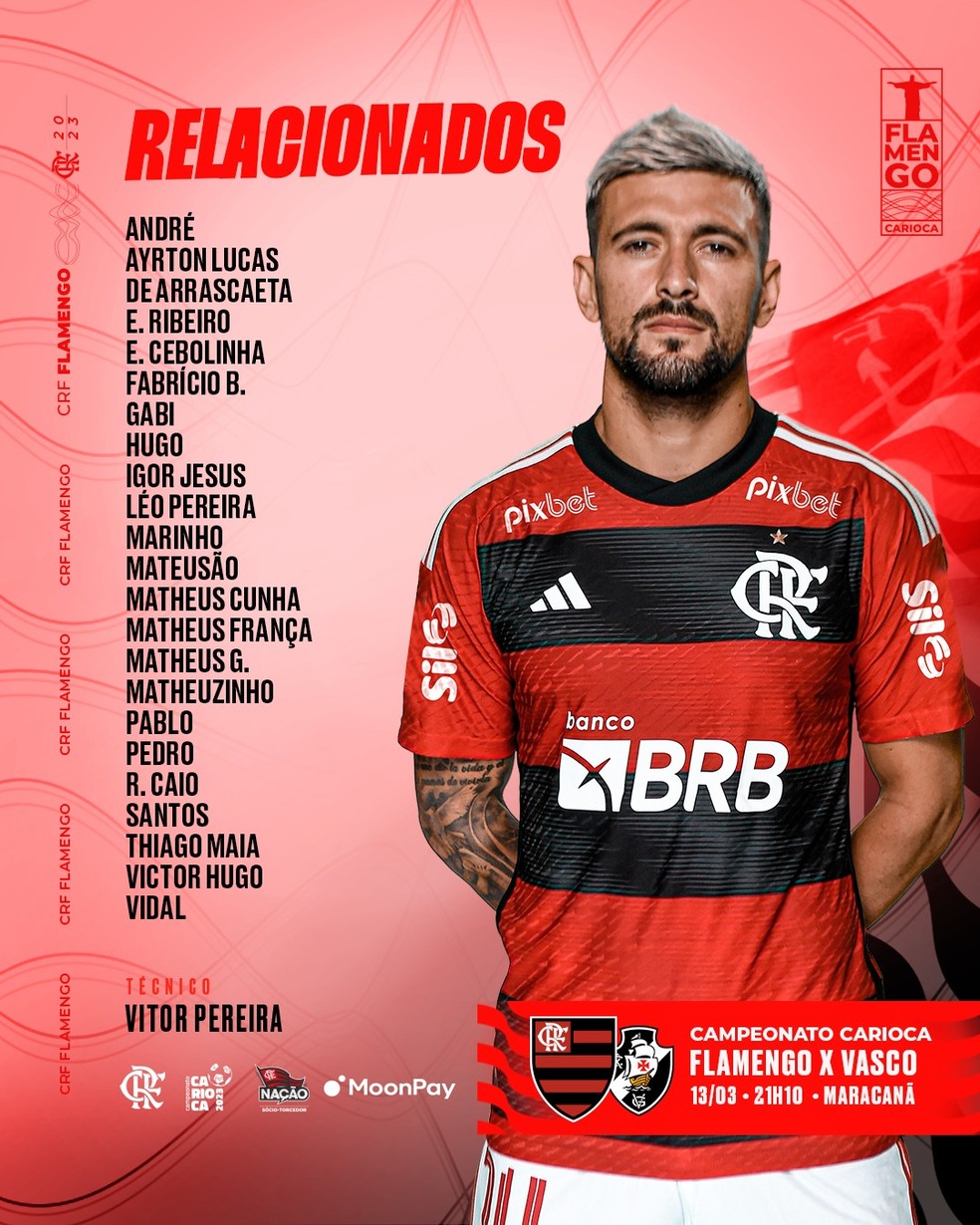 Saiu! Flamengo divulga escalação para jogo contra o Bahia, pelo Brasileirão