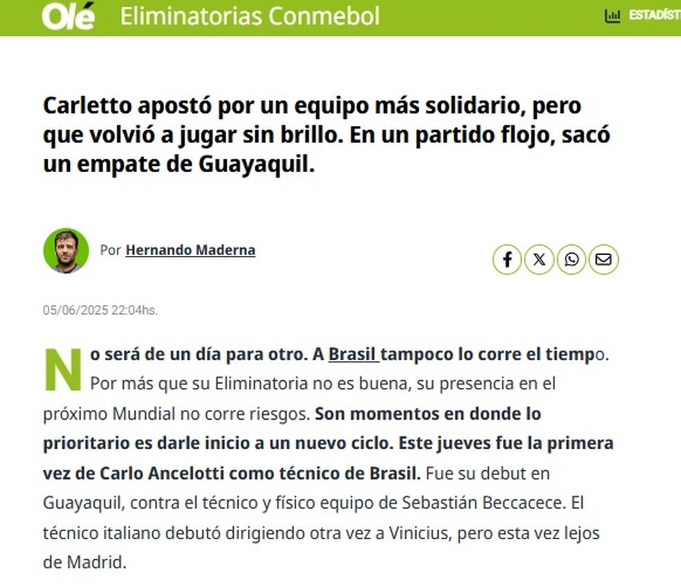 Olé, da Argentina, analisa estreia de Ancelloti na Seleção — Foto: Reprodução: Olé