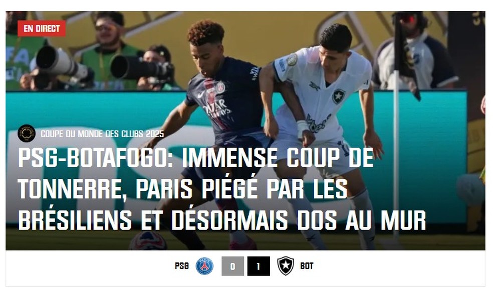 Manchete da RMC Sport, da França, após Paris Saint-Germain 0 x 1 Botafogo — Foto: Reprodução