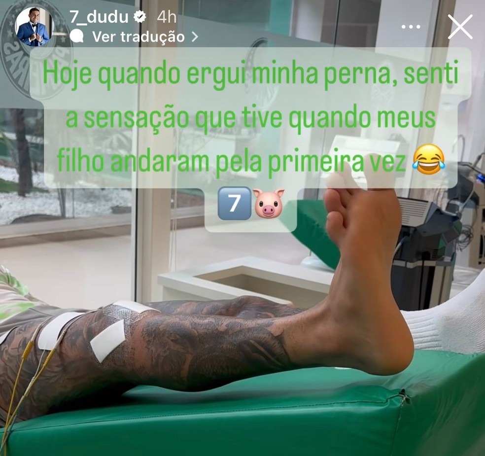 Dudu comemora evolução na fisioterapia pelo Palmeiras — Foto: Reprodução/Instagram