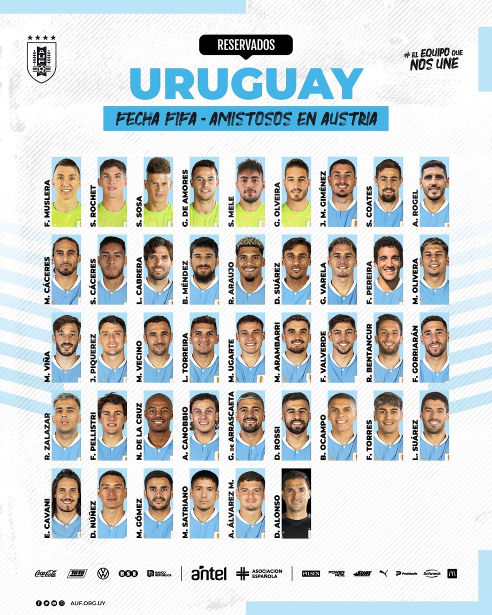Uruguai divulga lista com Arrascaeta, Varela, Piquerez, Bruno