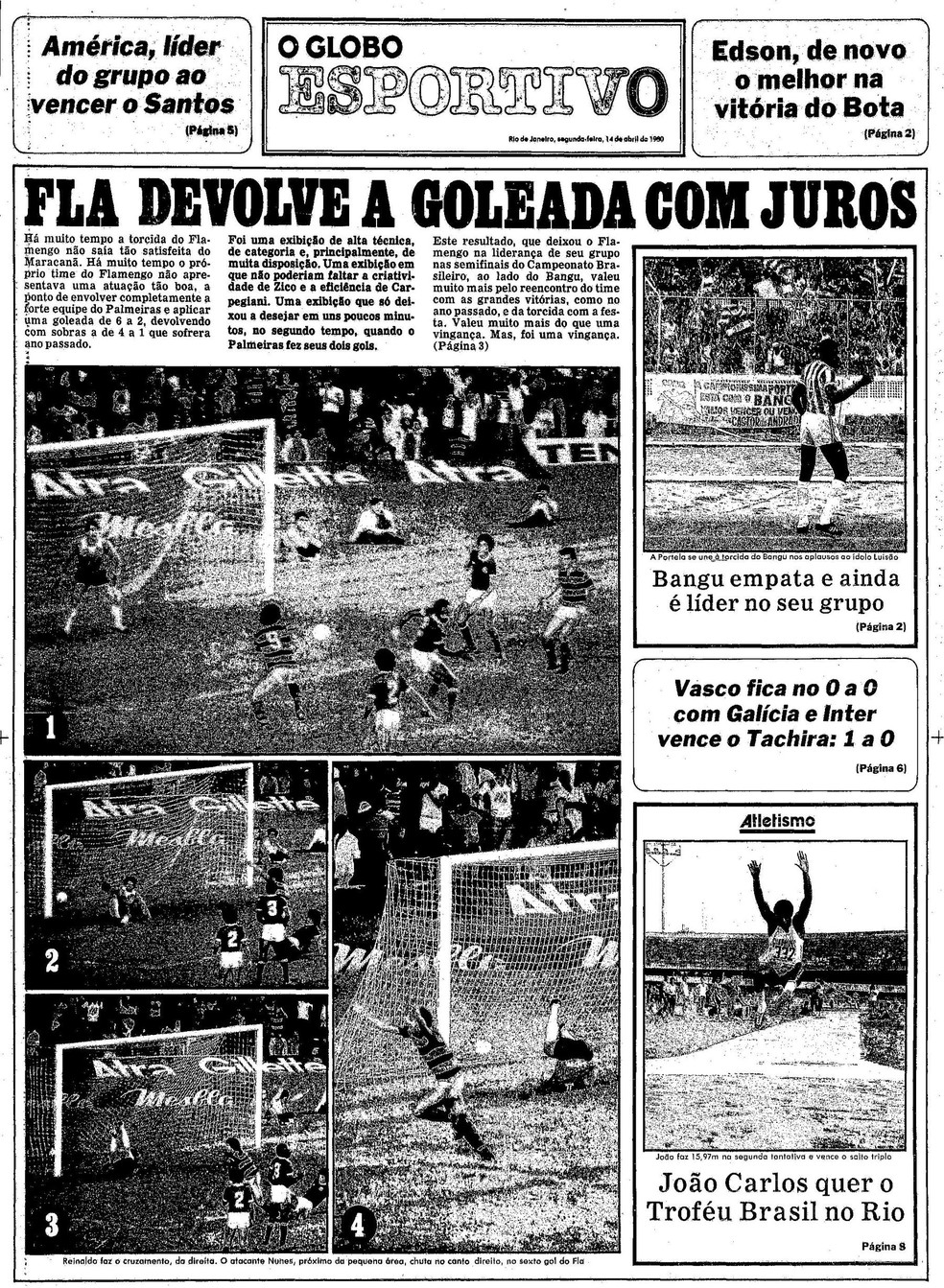 Jornal O Globo no dia seguinte à goleada de 6 a 2 do Flamengo sobre o Palmeiras em 1980