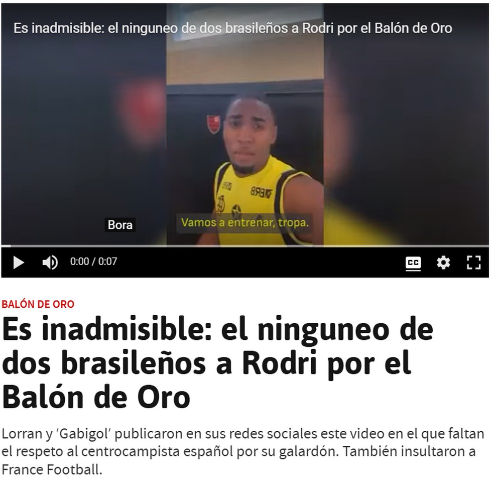 Jornal "As" reage a críticas de Lorran e Gabigol a Rodri — Foto: Reprodução