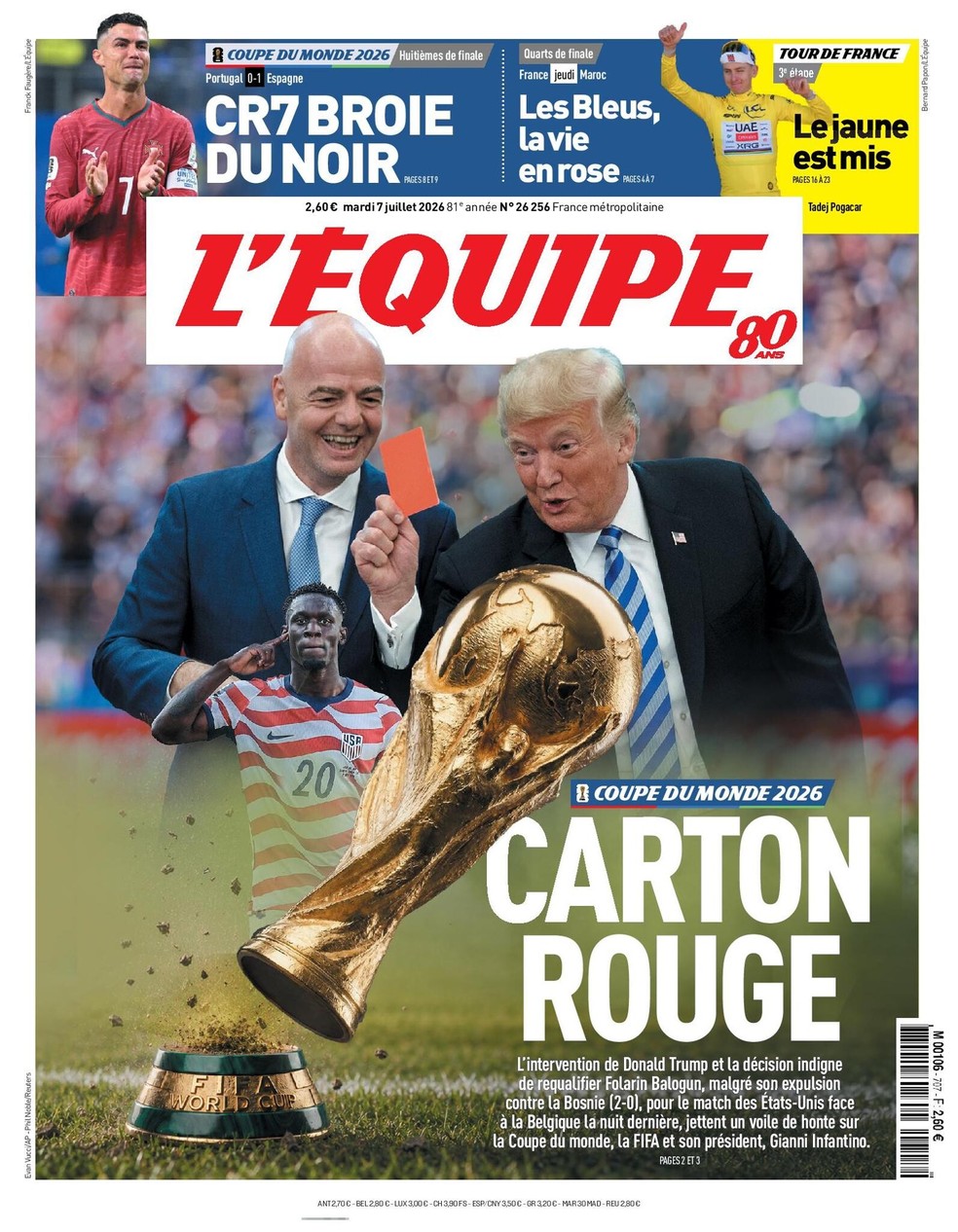 L'Équipe acusa Trump e Fifa de envergonharem a Copa após caso Balogun — Foto: Reprodução