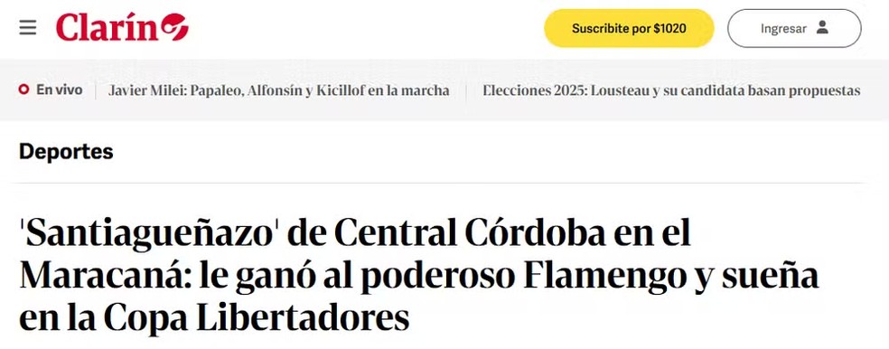 Vitória do Central Córdoba sobre a Argentina repercute na mídia argentina — Foto: Reprodução