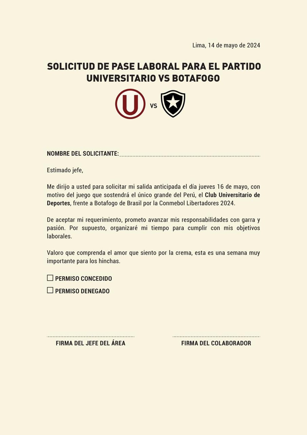 Atestado do Universitario para assistir ao jogo contra o Botafogo — Foto: Divulgação/Universitario