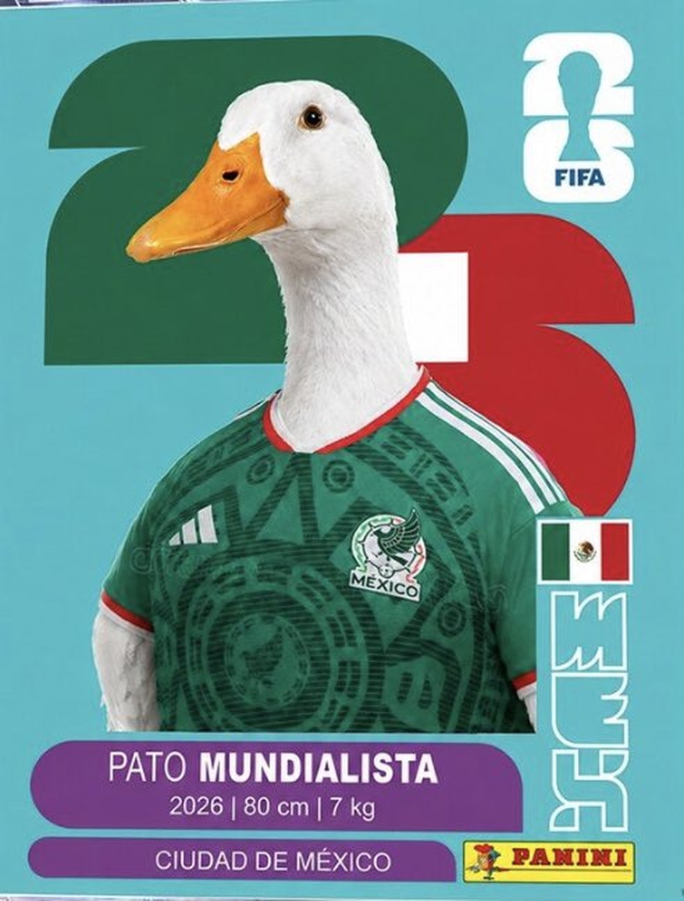 Merlin, o Pato Mundialista, com figurinha da Copa do Mundo