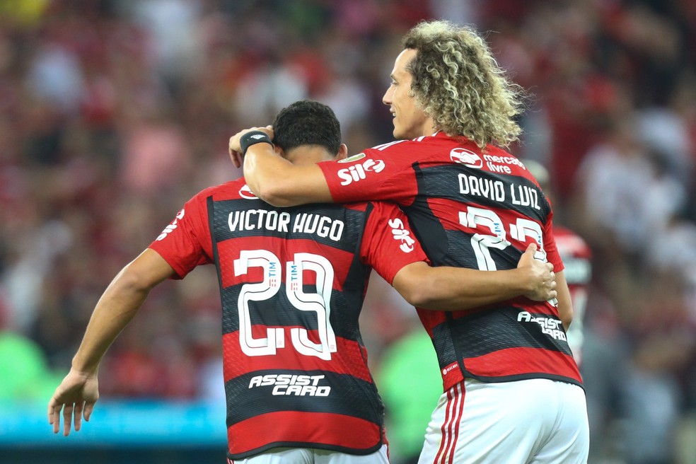 Victor Hugo e David Luiz em jogo do Flamengo pela Libertadores — Foto: Divulgação / Flamengo