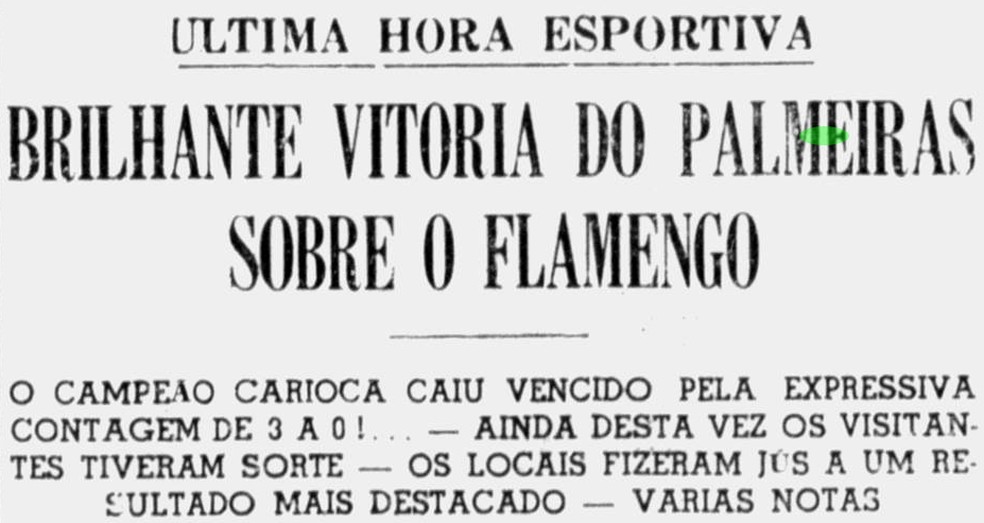 Repercussão do Correio Paulistano sobre a vitória do Palmeiras em 1943 — Foto: Reprodução/Hemeroteca Digital