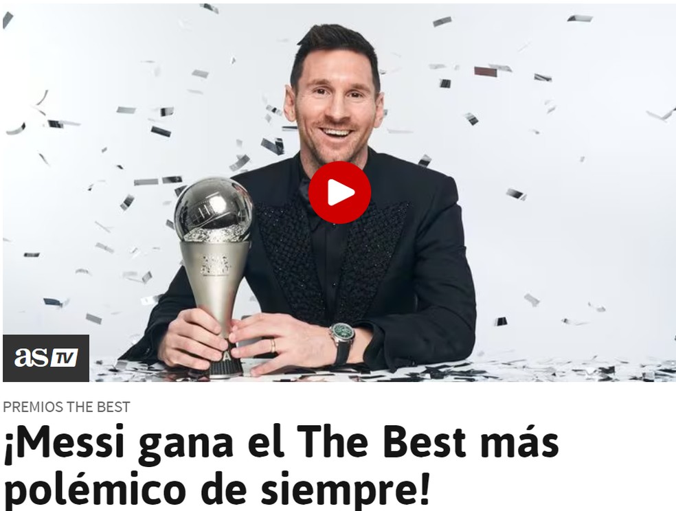 Jornal "As" destaca prêmio de Messi como "o mais polêmico de sempre" — Foto: Reprodução