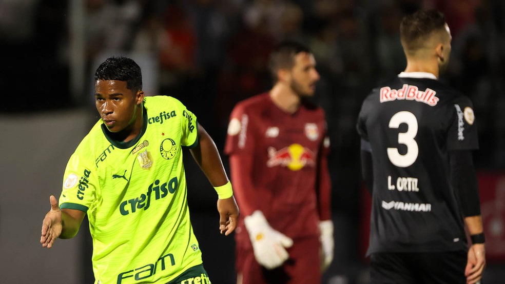 Endrick comemora gol marcado pelo Palmeiras contra o Bragantino — Foto: Cesar Greco/Palmeiras