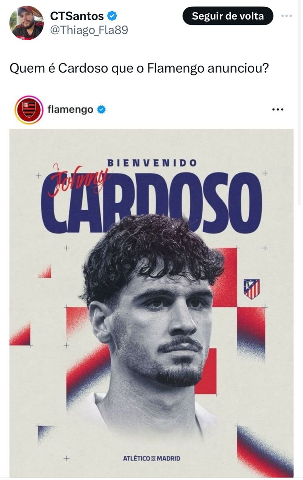 Print de Johnny Cardoso publicado pelo Flamengo — Foto: Reprodução