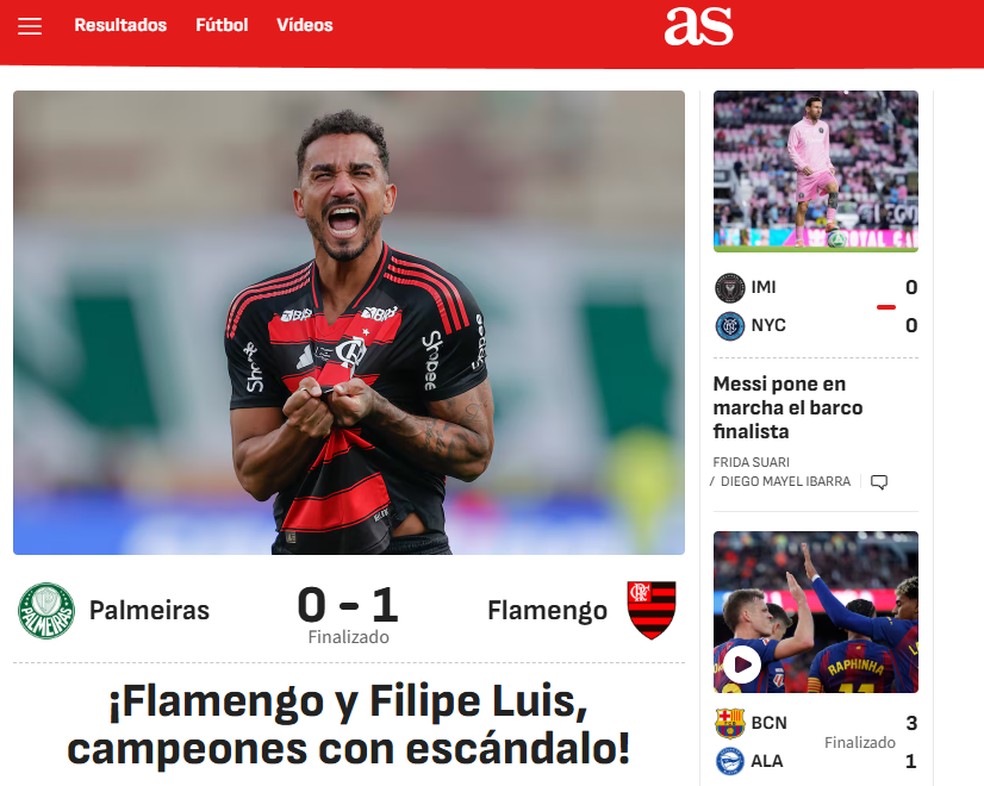 Jornal "As", da Espanha, diz que o Flamengo foi campeão da Libertadores com "escândalo" — Foto: Reprodução / Internet
