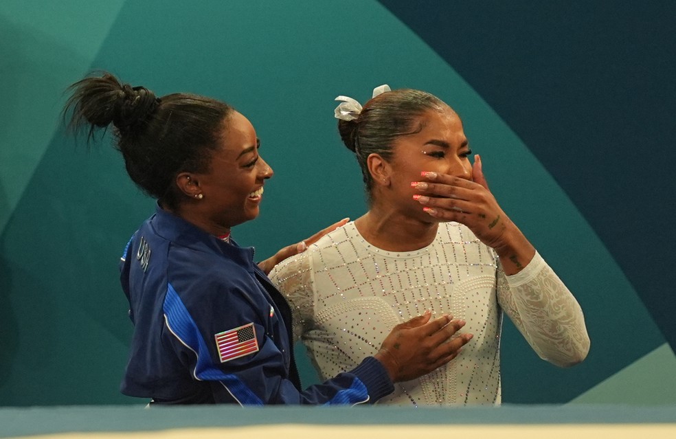 Simone Biles e Jordan Chiles, ginastas dos Estados Unidos nas Olimpíadas 2024 — Foto: Ulrik Pedersen/DeFodi Images via Getty Images