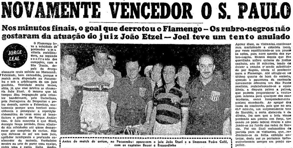 Flamengo perdeu para o São Paulo o título da Taça dos Campeões Estaduais Rio-São Paulo de 1953 — Foto: Reprodução / Jornal do Brasil