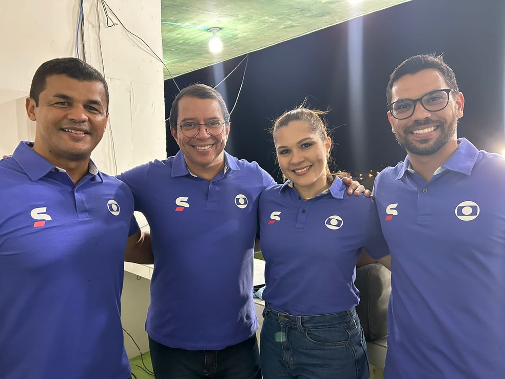 Max Oliveira, Kako Marques, Izabel Rodrigues e Phillipy Costa: uma das formações de equipe na transmissão da Globo ? Foto: Divulgação/Rede Paraíba