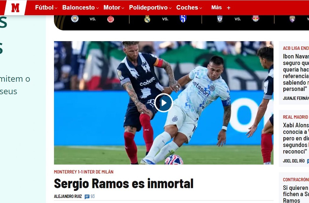 Jornal Marca destaca importância de Sergio Ramos para o Monterrey — Foto: Reprodução/Marca