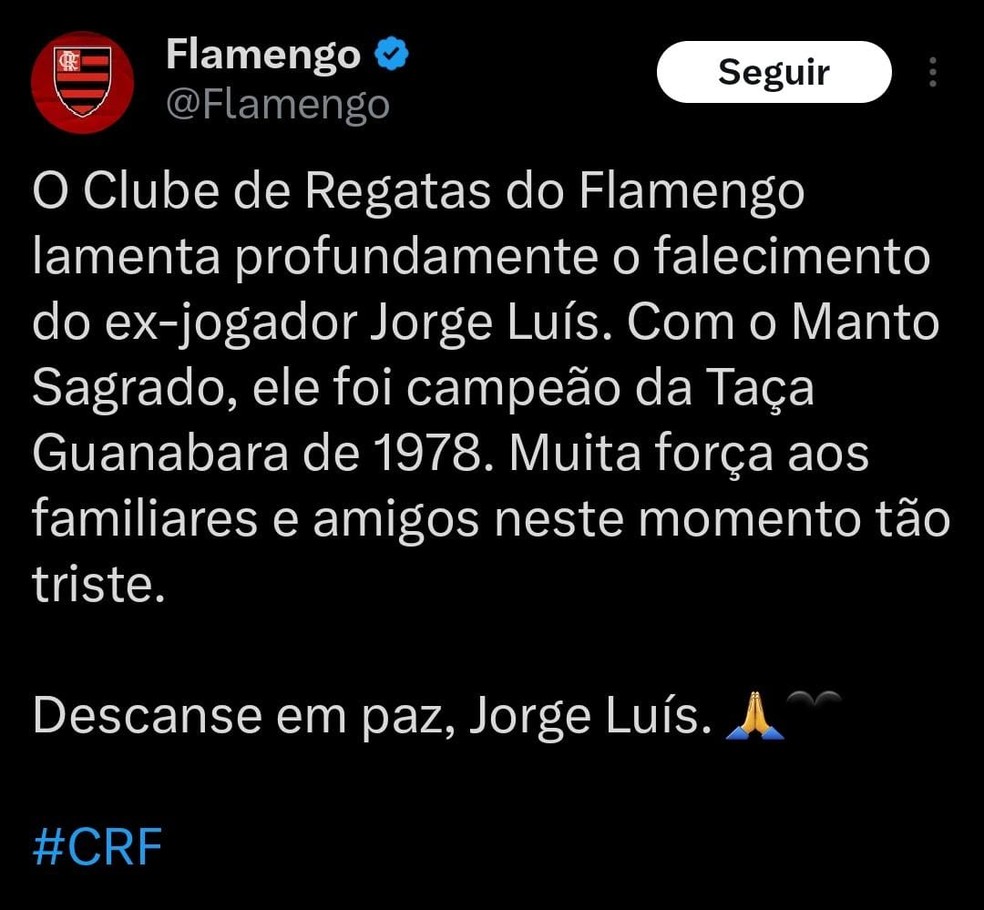 Flamengo lamenta morte do ex-jogador Jorge Luís — Foto: Reprodução/X