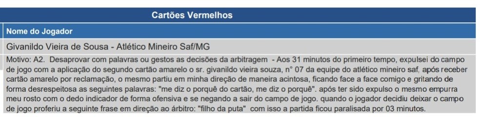 Relato da súmula sobre expulsão de Hulk em Atlético-MG x Palmeiras — Foto: Reprodução