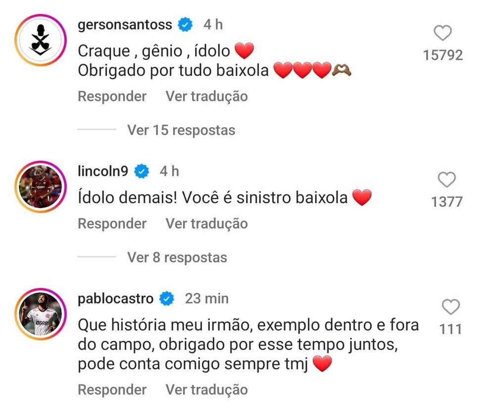 Gerson, Lincoln e Pablo se despedem de Everton Ribeiro no Flamengo — Foto: Reprodução