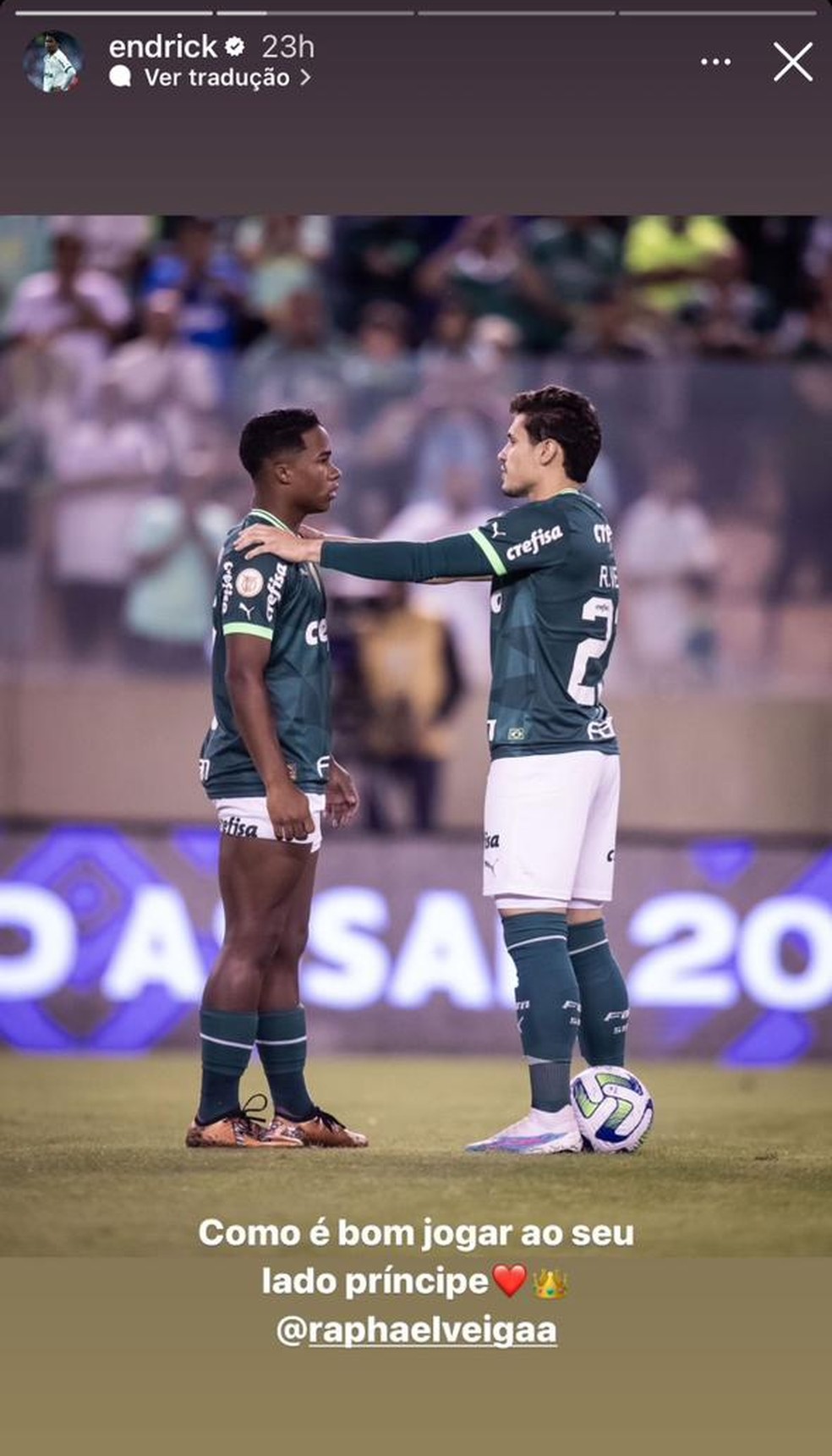Endrick faz postagem com mensagem para Rapahel Veiga após vitória sobre o Athletico — Foto: Reprodução