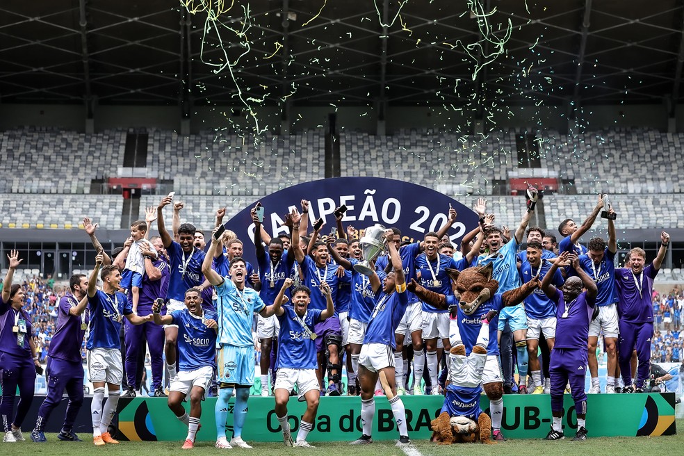 Time do Cruzeiro no momento em que ergueu troféu de campeão da Copa do Brasil sub-20 no Mineirão — Foto: Staff Images/Cruzeiro
