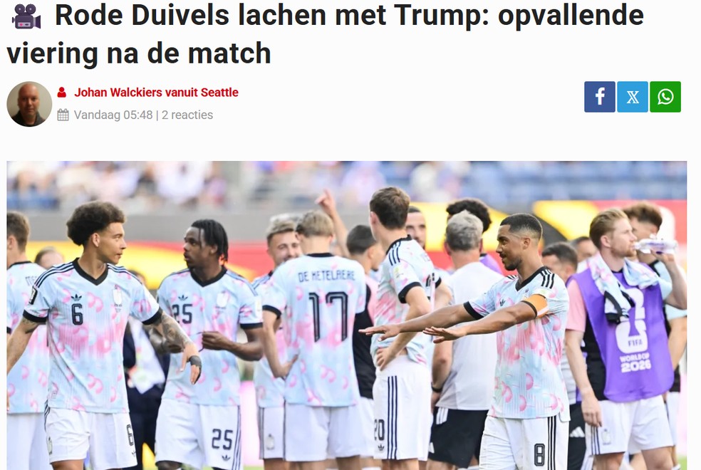 "Diabos Vermelhos zombam de Trump: celebração marcante após a partida", chamada do Voetbalkrant  — Foto: Reprodução/Voetbalkrant