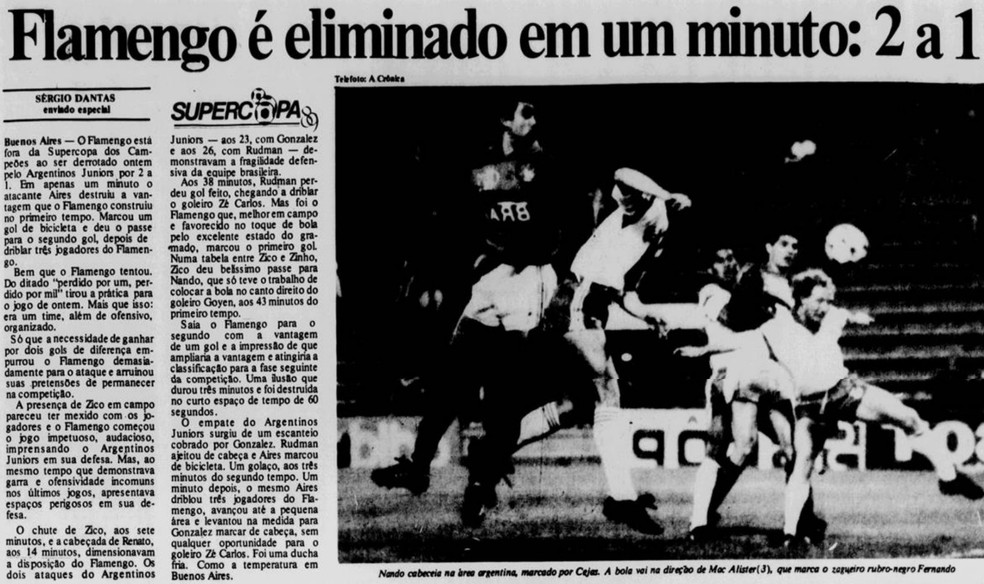 Flamengo perdeu do Argentinos Juniors na Supercopa dos Campeões da Libertadores de 1989 — Foto: Reprodução / Jornal do Brasil