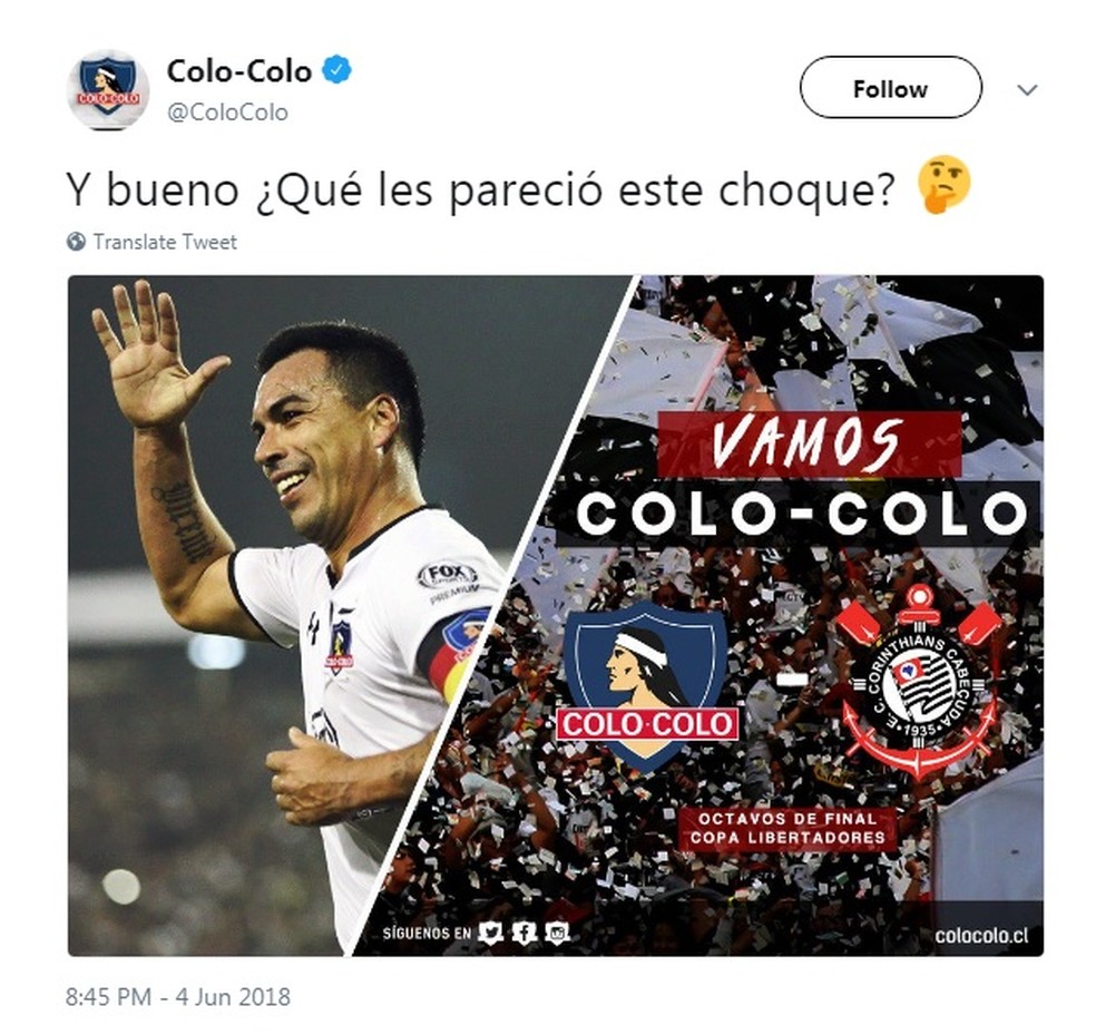 Colo Colo trocou o escudo do Corinthians em postagem no Twitter — Foto: Reprodução