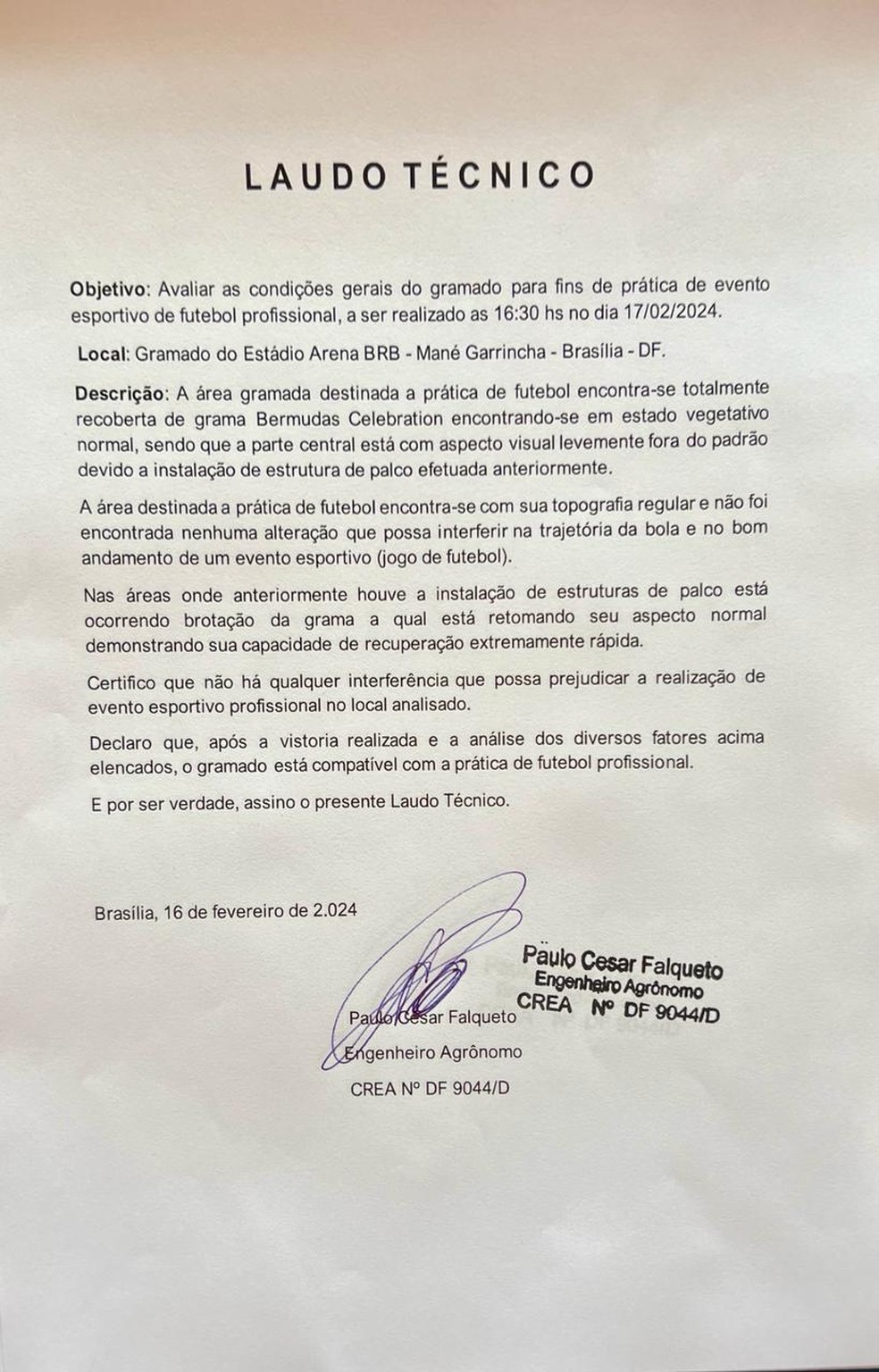 Laudo técnico sobre o gramado do estádio Mané Garrincha — Foto: Divulgação