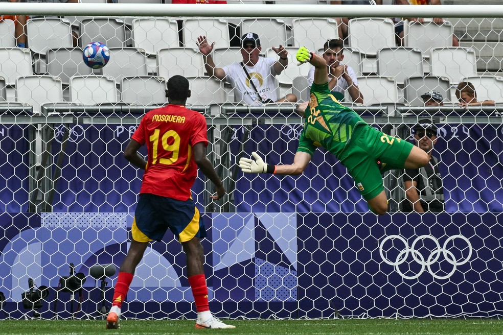 Jogo entre Espanha e Egito no futebol masculino das Olimpíadas de Paris — Foto: Philippe Lopez/AFP
