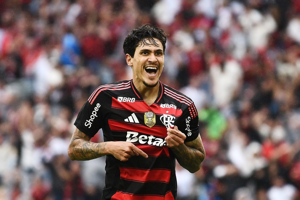 Pedro comemorando gol contra o Palmeiras — Foto: André Durão