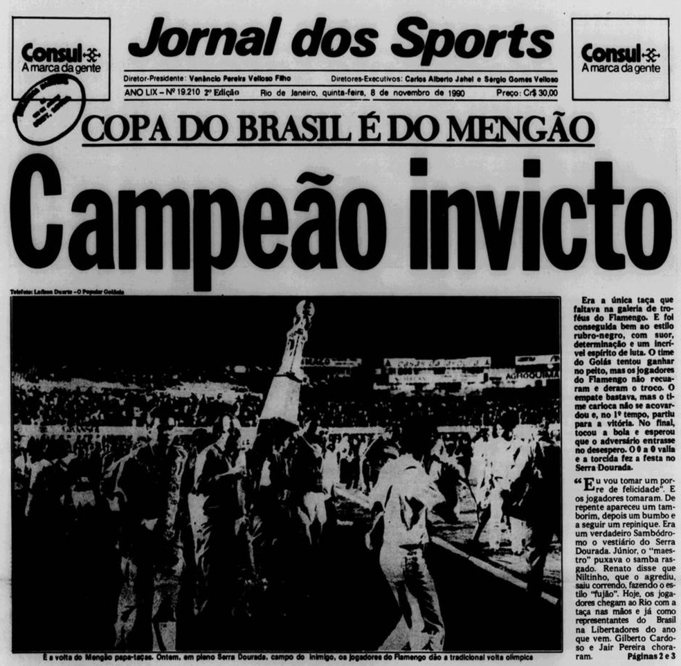Manchete do primeiro título do Flamengo na Copa do Brasil em 1990 — Foto: Reprodução / Jornal dos Sports