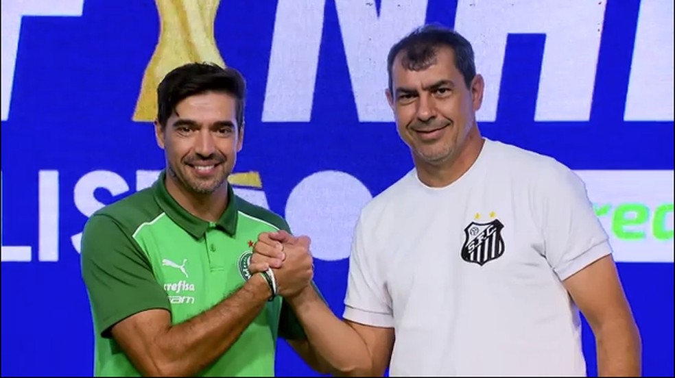 Abel Ferreira e Fábio Carille em entrevista antes de Palmeiras x Santos — Foto: Reprodução