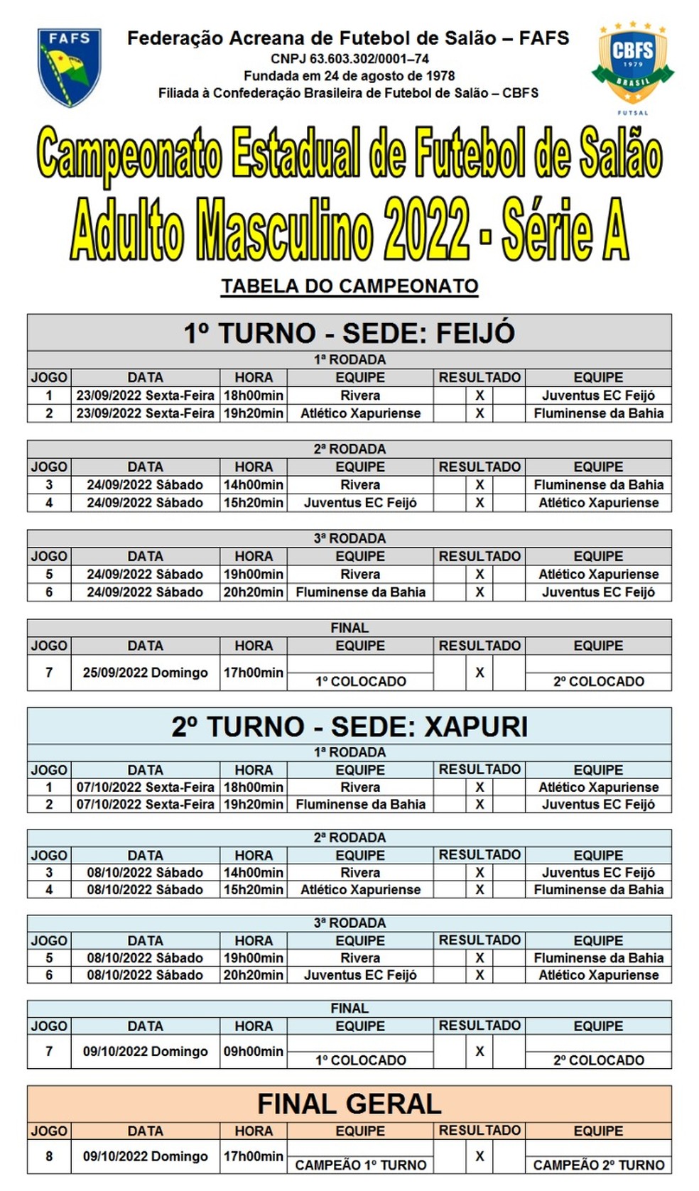 Com quatro times, Fafs divulga tabela do Campeonato Acreano de Futsal Série  B, ac