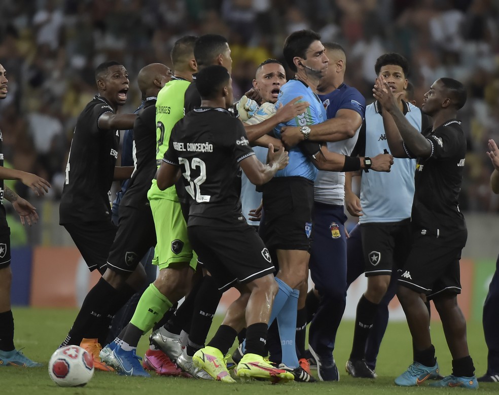 Jogadores do Botafogo ficam na bronca com árbitro por encerrar jogo antes  de falta e geram confusão; veja! - Lance!